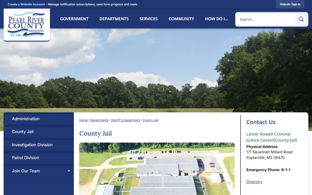 Pearl River County jail contact page for inmate population and roster records