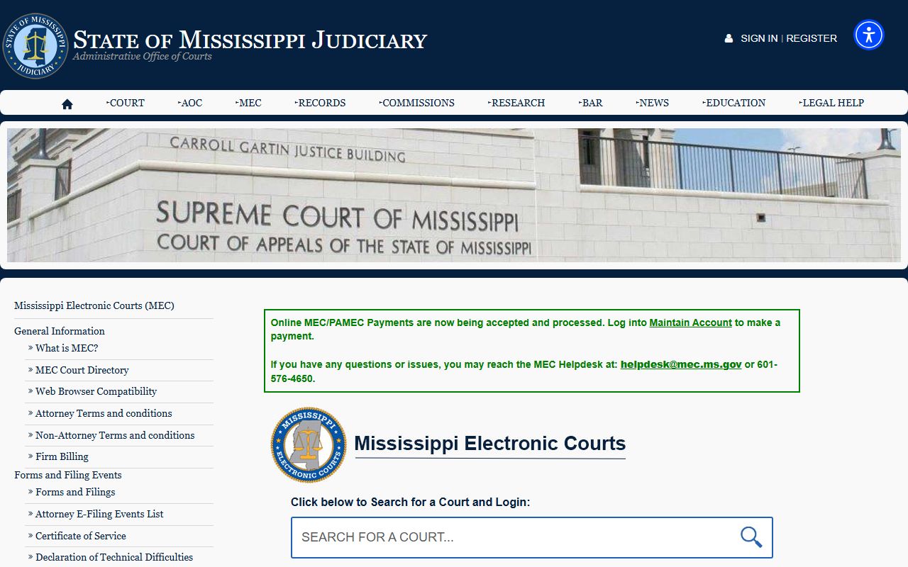Mississippi Electronic Courts listing for Pearl River County court records after arrest